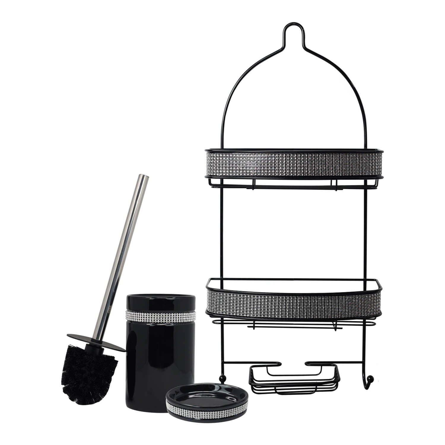 Diamante 2 Tier Shower Caddy & Soap Dish Toilet Brush & Holder