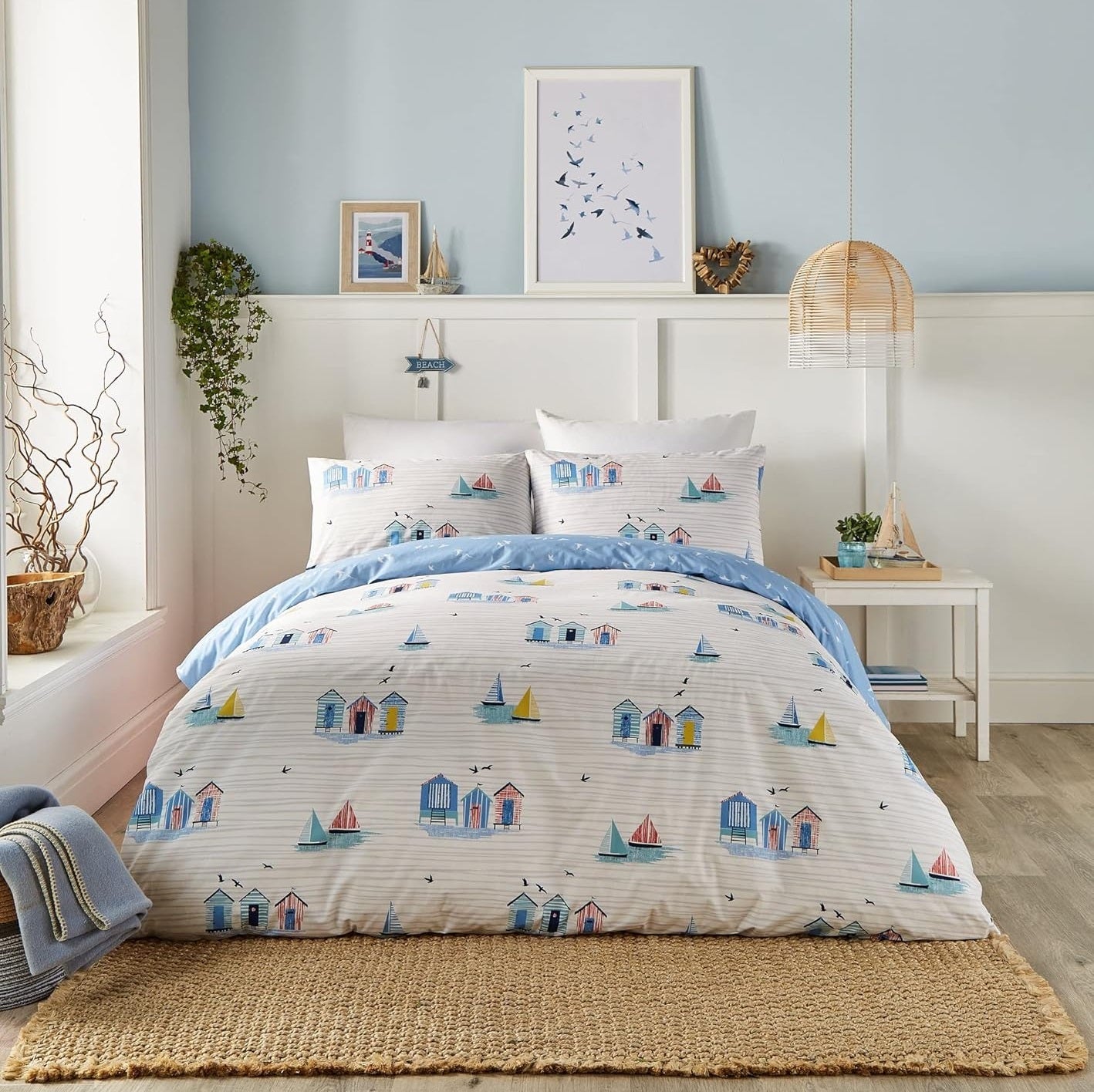 Beach Huts Duvet Cover Set, King, Blue