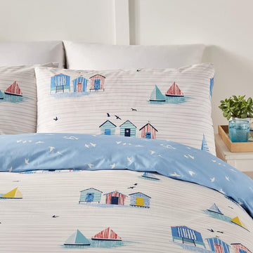Beach Huts Duvet Cover Set, King, Blue