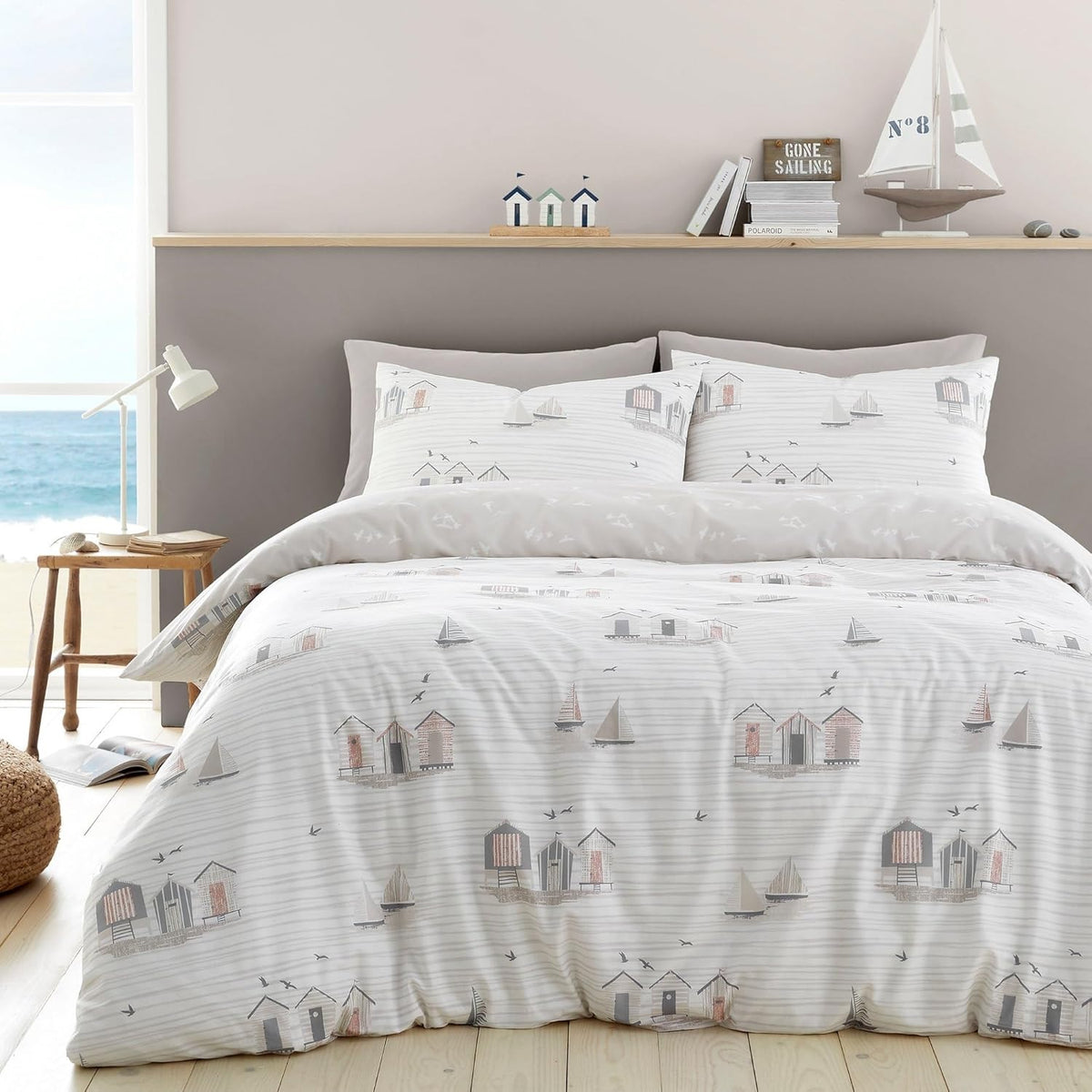 Beach Huts Duvet Cover Set, Single, Natural