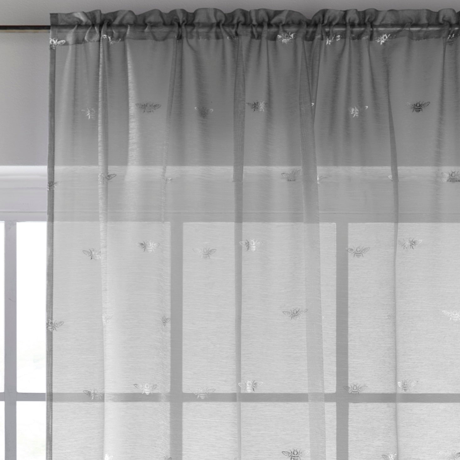 55x54" Sparkle Bees Voile Net Curtains Panel - Silver Grey