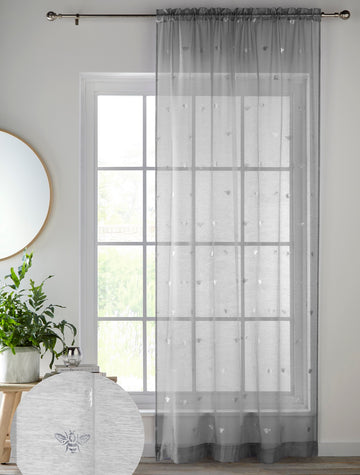 55x72" Sparkle Bees Voile Net Curtains Panel - Silver Grey