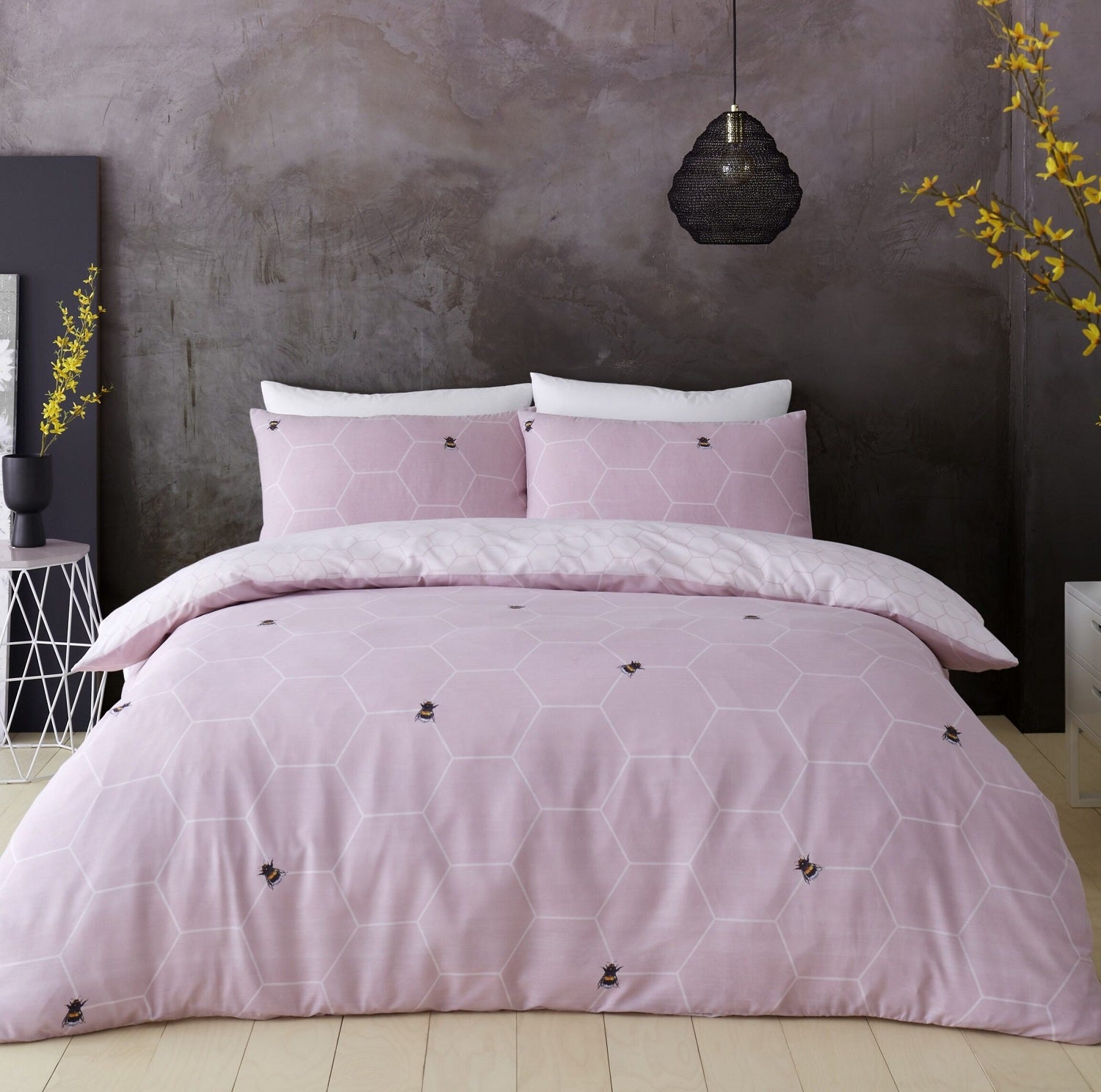 Bee Happy Geometric Duvet Cover Set, King, Blush Pink