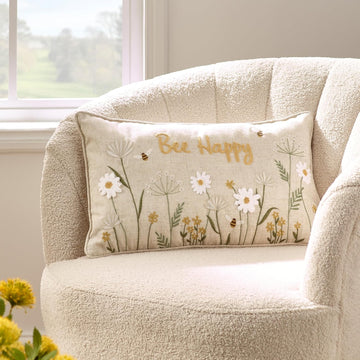 Catherine Lansfield Embroidered Bee Happy Boudoir Cushion, Natural