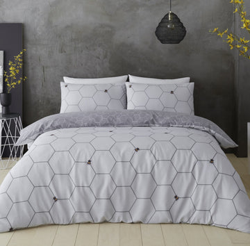 Bee Happy Geometric Duvet Cover Set, Single, Grey