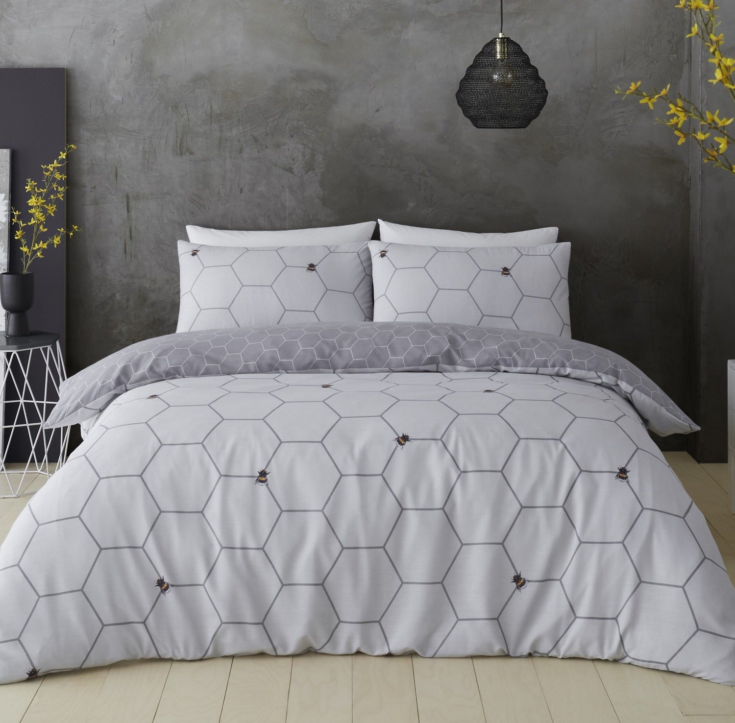 Bee Happy Geometric Duvet Cover Set, King, Grey