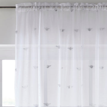 55x54" Sparkle Bees Voile Net Curtains Panel - White & Silver Grey