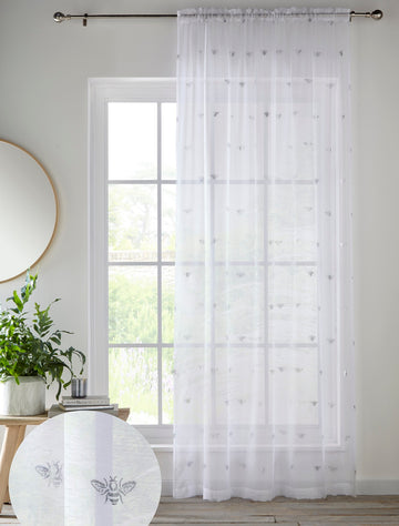 55x54" Sparkle Bees Voile Net Curtains Panel - White & Silver Grey