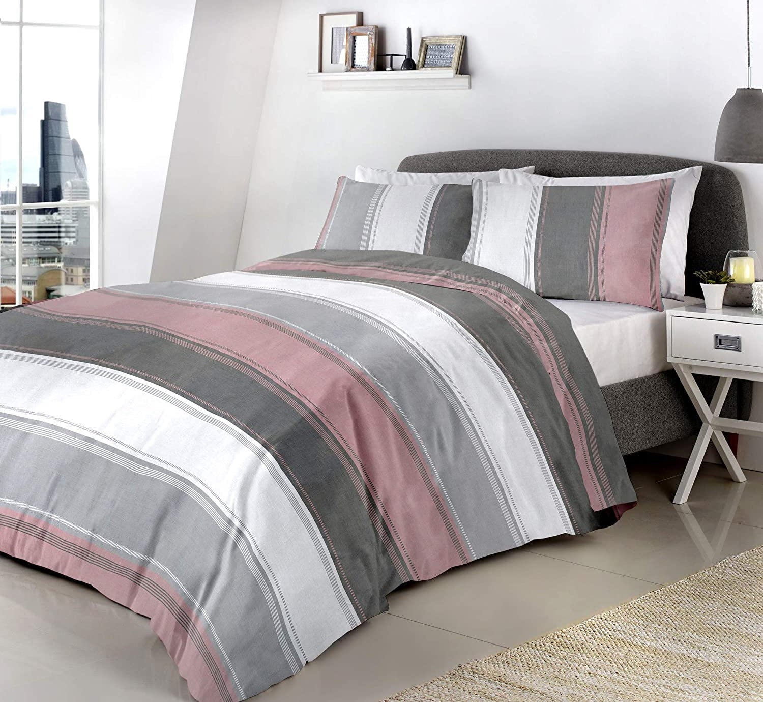 Betley Striped Design Reversible Double Duvet Cover Set - Blush Pink & Grey