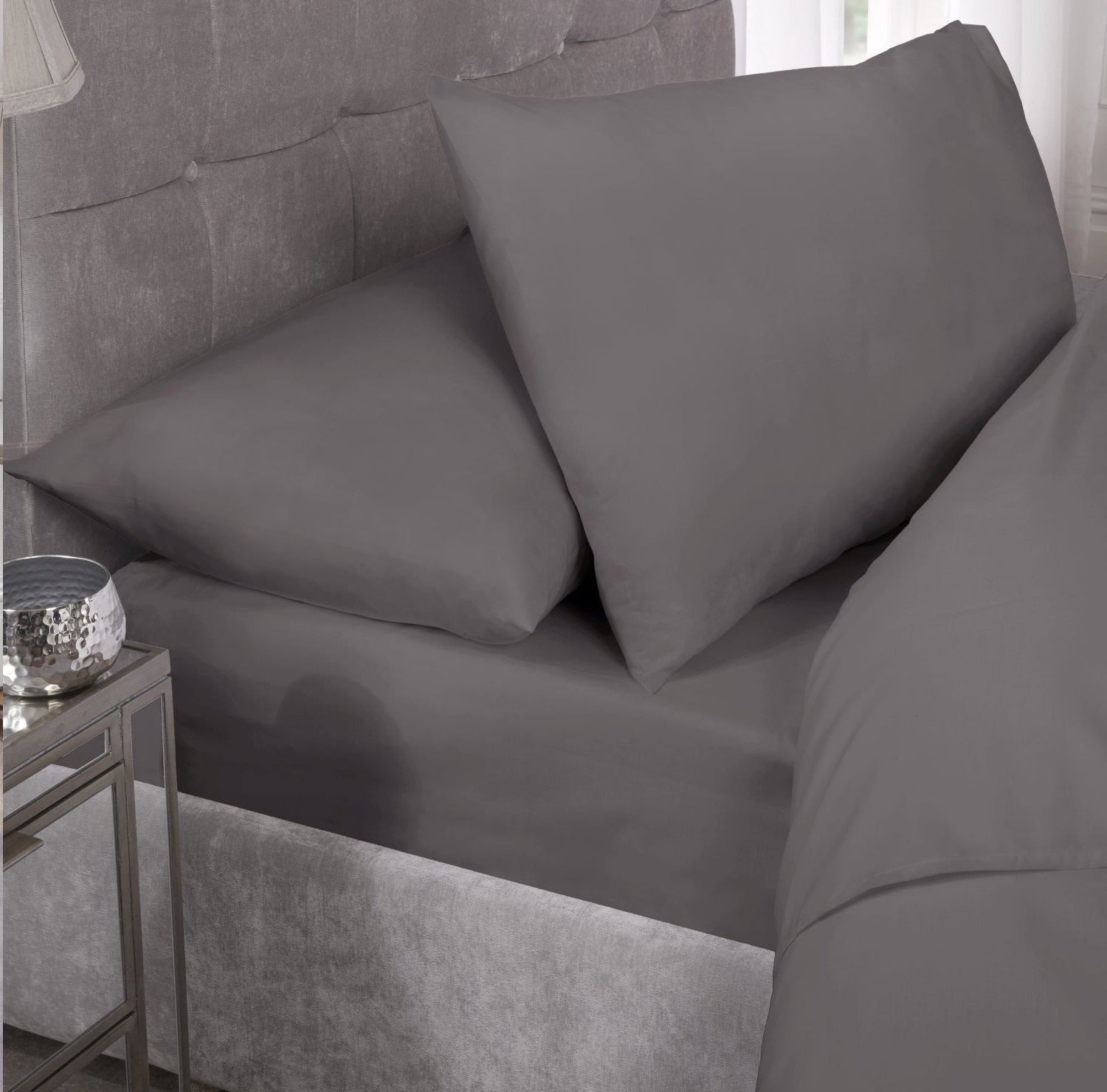 Percale Cotton Fitted Sheet Easy Care Non-Iron, Super King, Charcoal