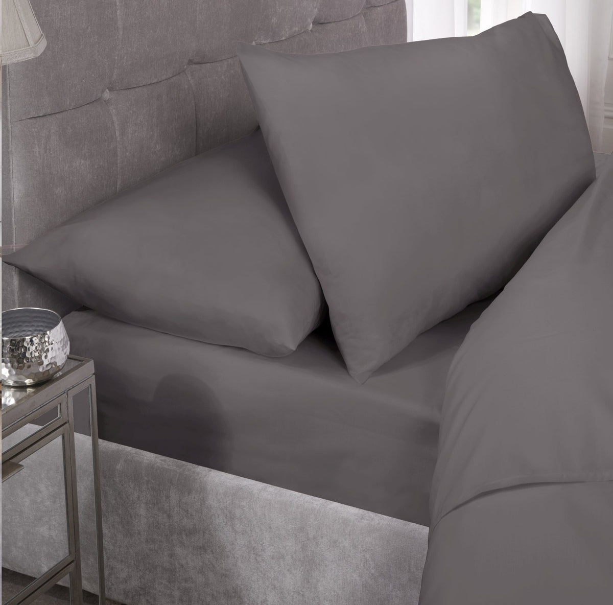 Percale Cotton Fitted Sheet Easy Care Non-Iron, Super King, Charcoal