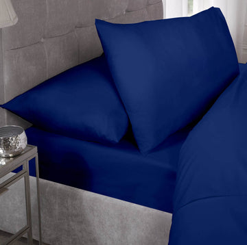 Percale Cotton Fitted Sheet Easy Care Non-Iron, Super King, Navy