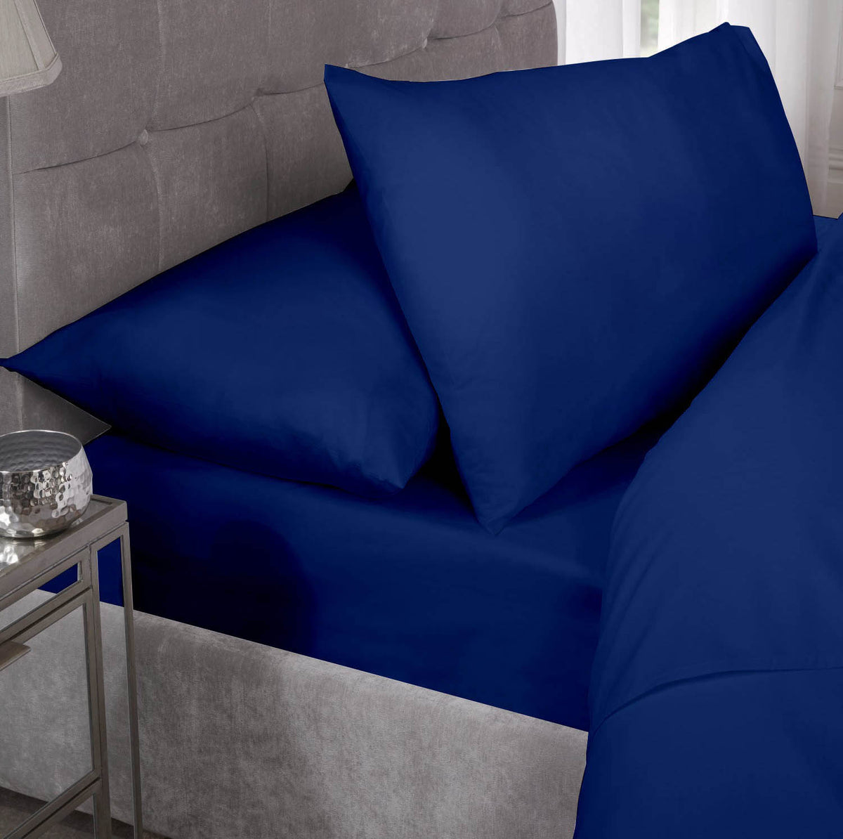 Percale Cotton Fitted Sheet Easy Care Non-Iron, Super King, Navy
