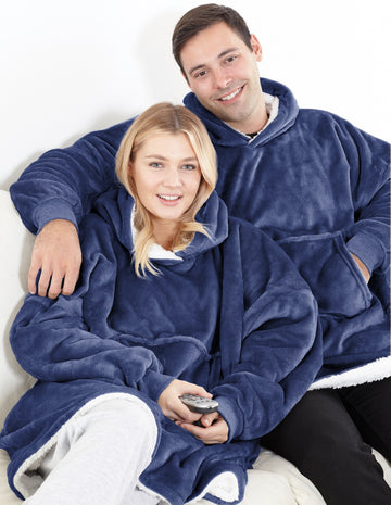 Reversible Oversized Sherpa Hoodie Blanket, Navy Blue