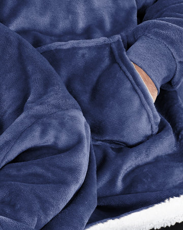 Reversible Oversized Sherpa Hoodie Blanket, Navy Blue