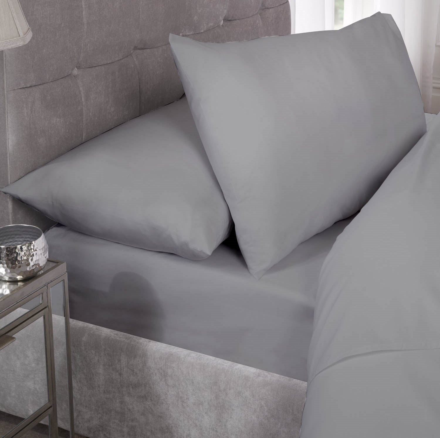 Percale Cotton Fitted Sheet Easy Care Non-Iron, Double, Silver Grey