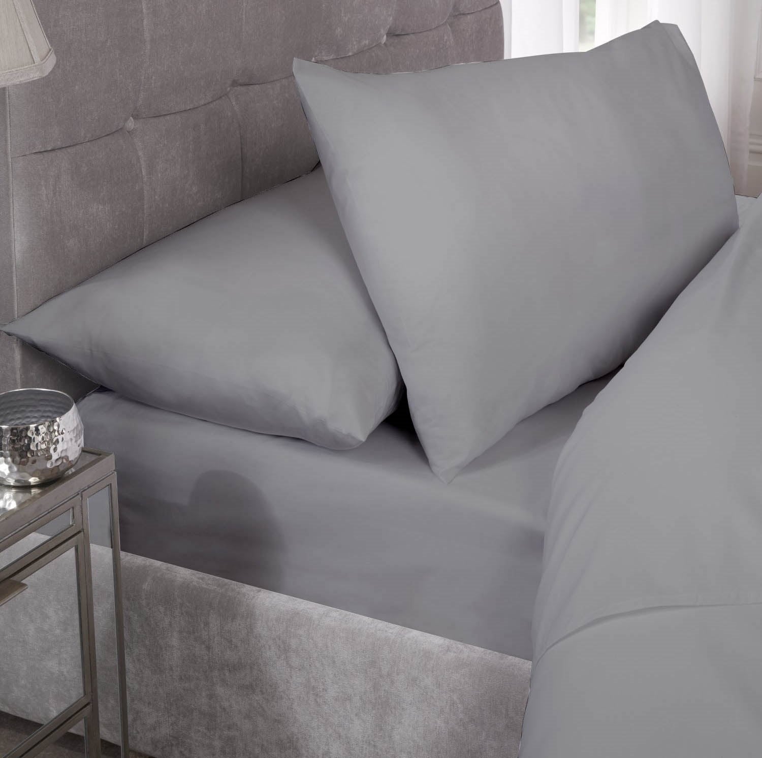 Percale Cotton Fitted Sheet Easy Care Non-Iron, Single, Silver Grey