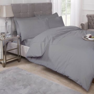 Percale Cotton Fitted Sheet Easy Care Non-Iron, Double, Silver Grey