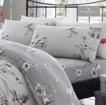 Birdie Blossom Floral Double Duvet Cover Set Grey