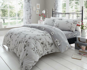 Birdie Blossom Floral Double Duvet Cover Set Grey