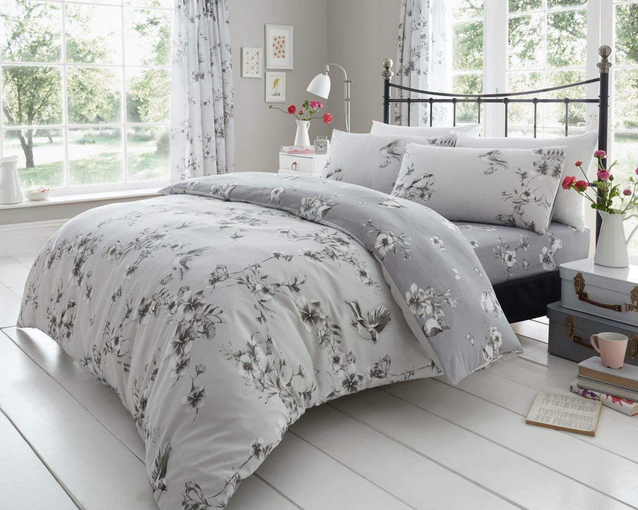 Birdie Blossom Floral King Duvet Cover Set Grey