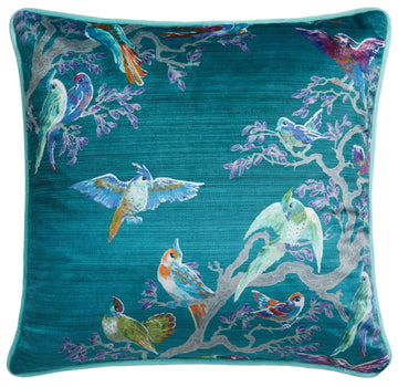 Laurence Llewelyn Bowen LLB Birds Velvet Piped Edge Cushion Cover 43x43cm - Blue