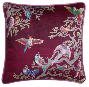 Laurence Llewelyn Bowen LLB Birds Velvet Piped Edge Cushion Cover 43x43cm - Pink & Maroon