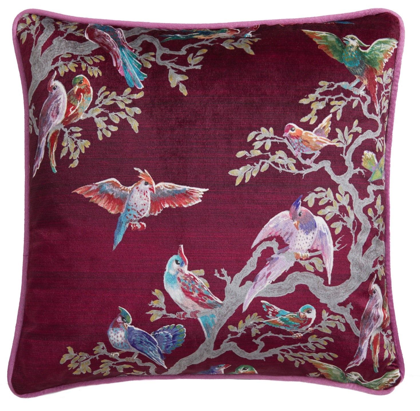 Laurence Llewelyn Bowen LLB Birds Velvet Piped Edge Cushion Cover 43x43cm - Pink & Maroon