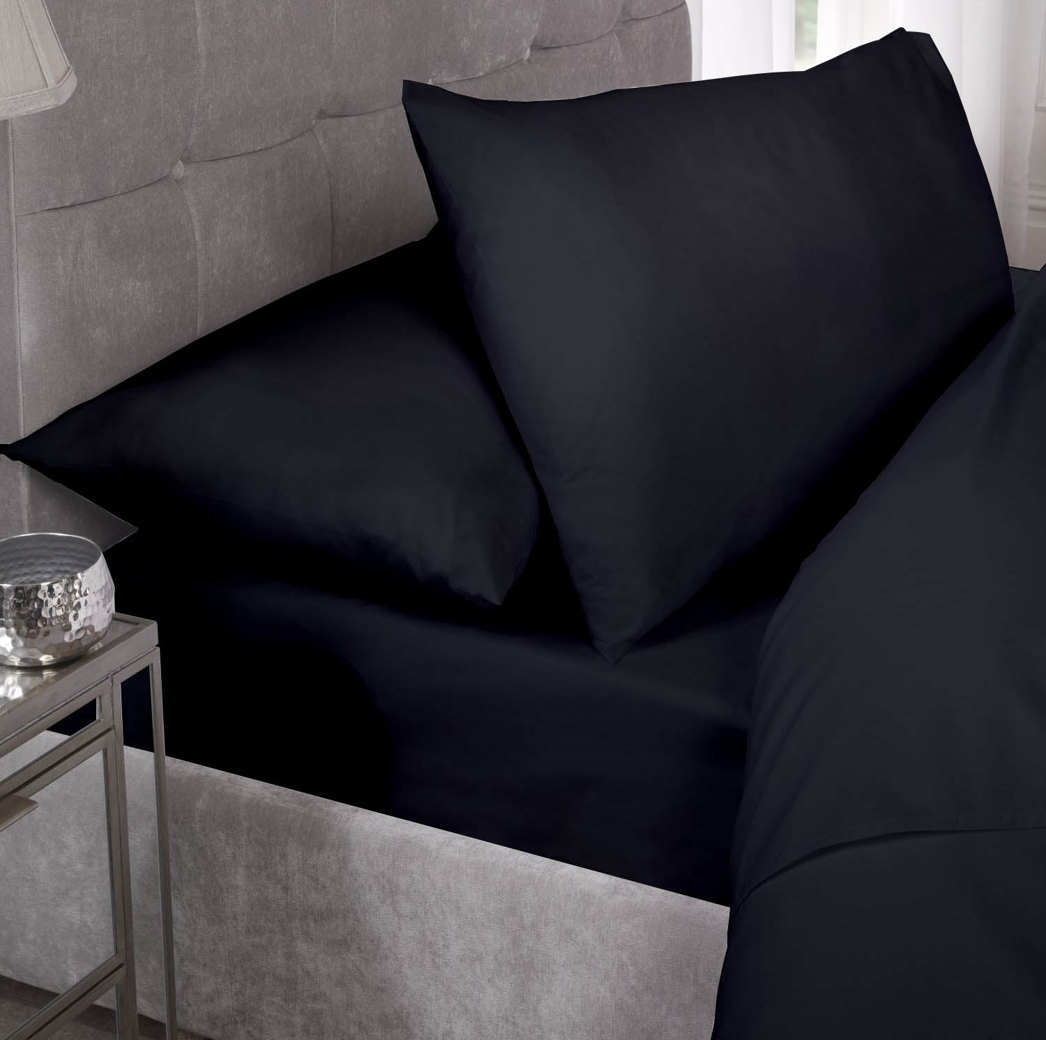 Percale Cotton Fitted Sheet Easy Care Non-Iron, King, Black