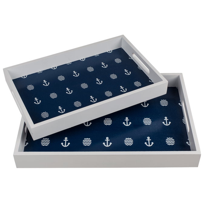 Set Of 2 Wooden Serving Trays Blue White Nautical Anchor