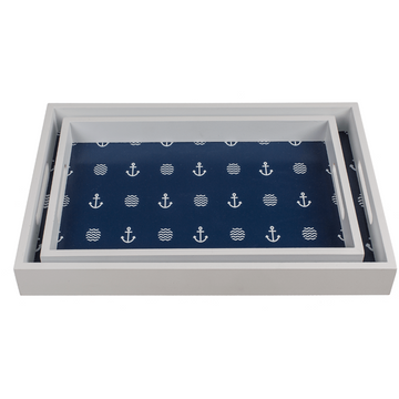 Set Of 2 Wooden Serving Trays Blue White Nautical Anchor