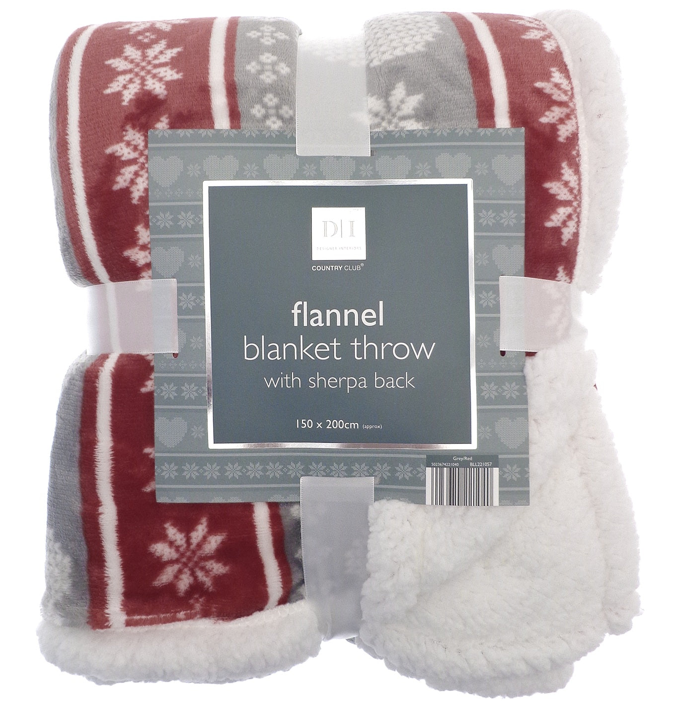 Nordic Hearts Flannel Sherpa Throw, 150x200cm - Red & Grey