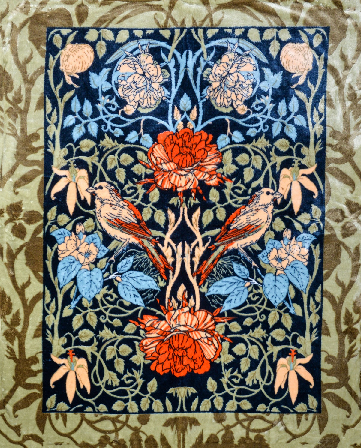 Floral Bird Mink Throw, Beige & Blue, 150x200cm