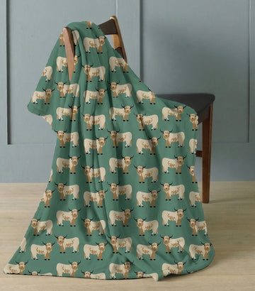 Highland Cow Flannel Blanket Throw, 120x150cm, Green