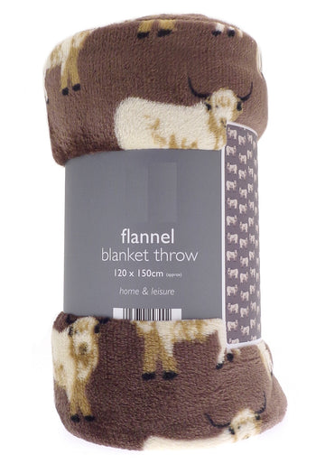 Highland Cow Flannel Blanket Throw, 120x150cm, Mocha