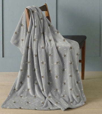 Meadow Floral Bee Fleece Blanket Throw, 120x150cm - Grey