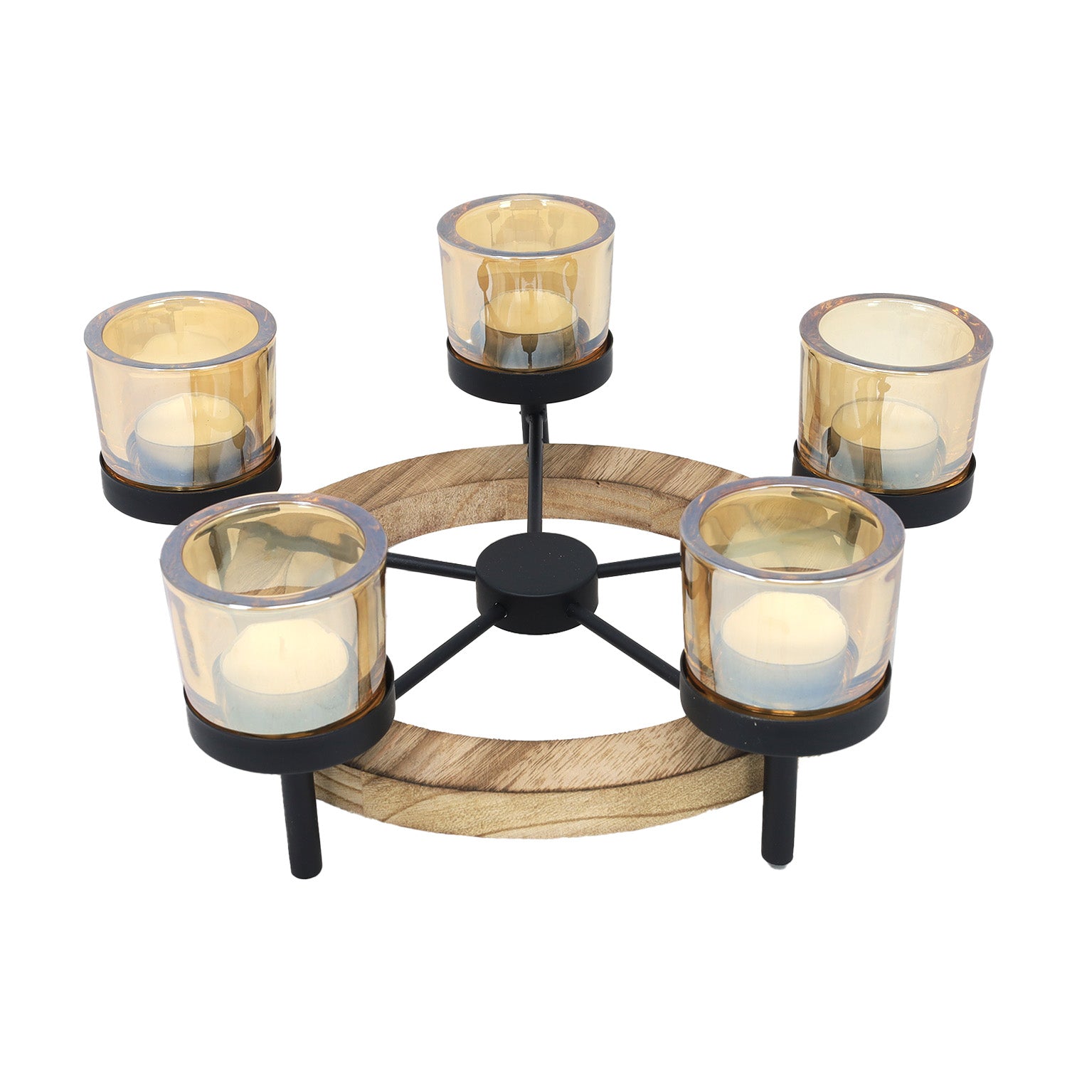 5 Amber Candle Jars Tea Light Holder With Round Wooden Stand