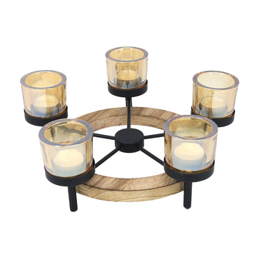 Baltus 5 Amber Candle Jars Tea Light Holder With Round Wooden Stand