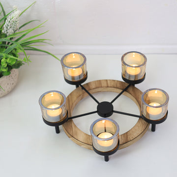 5 Amber Candle Jars Tea Light Holder With Round Wooden Stand