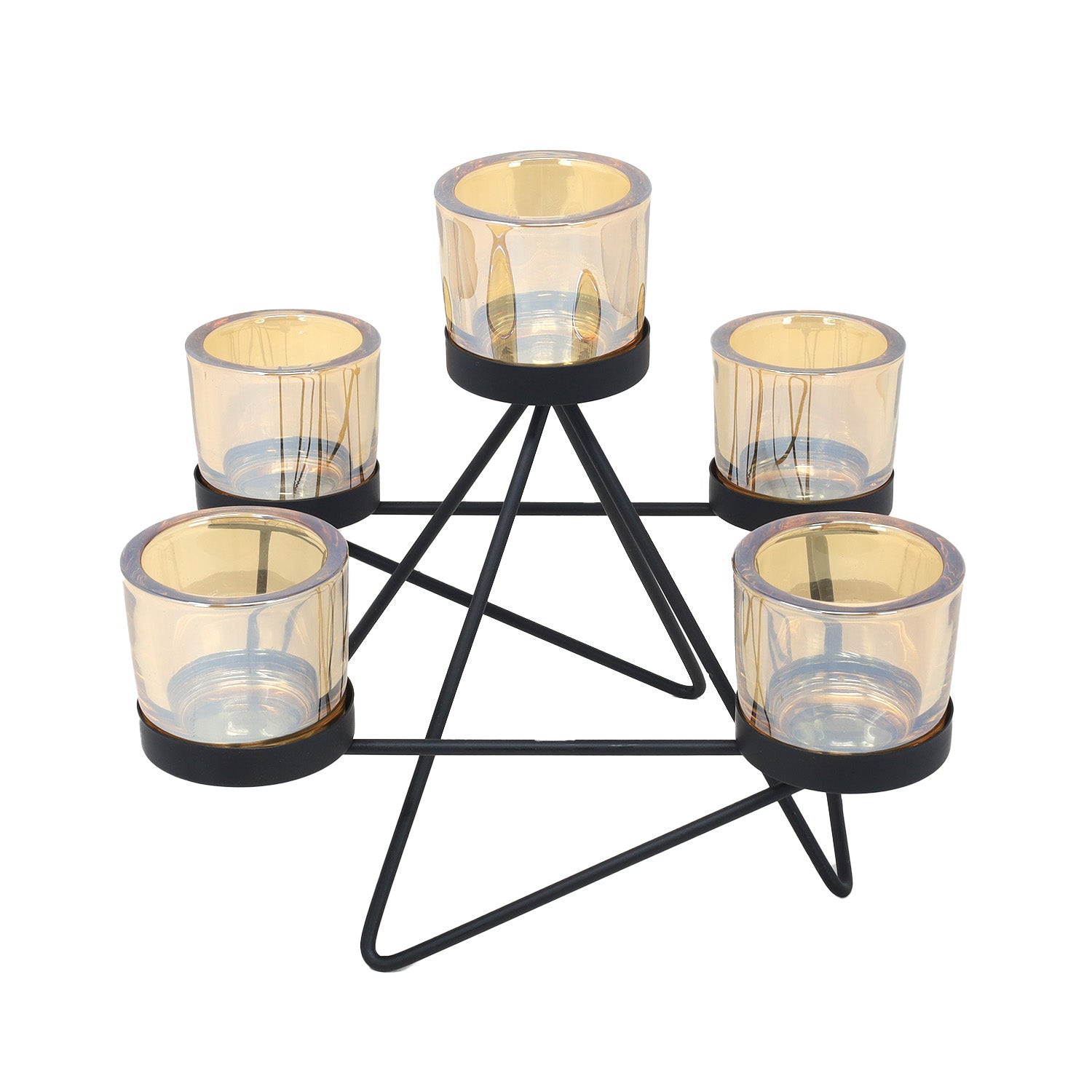 5 Amber Candle Jars Tea Light Holder With Geometric Metal Stand