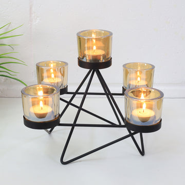 5 Amber Candle Jars Tea Light Holder With Geometric Metal Stand