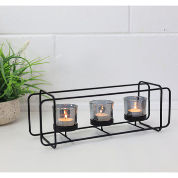 3 Candle Jars Tea Light Holder With Rectangular Metal Stand