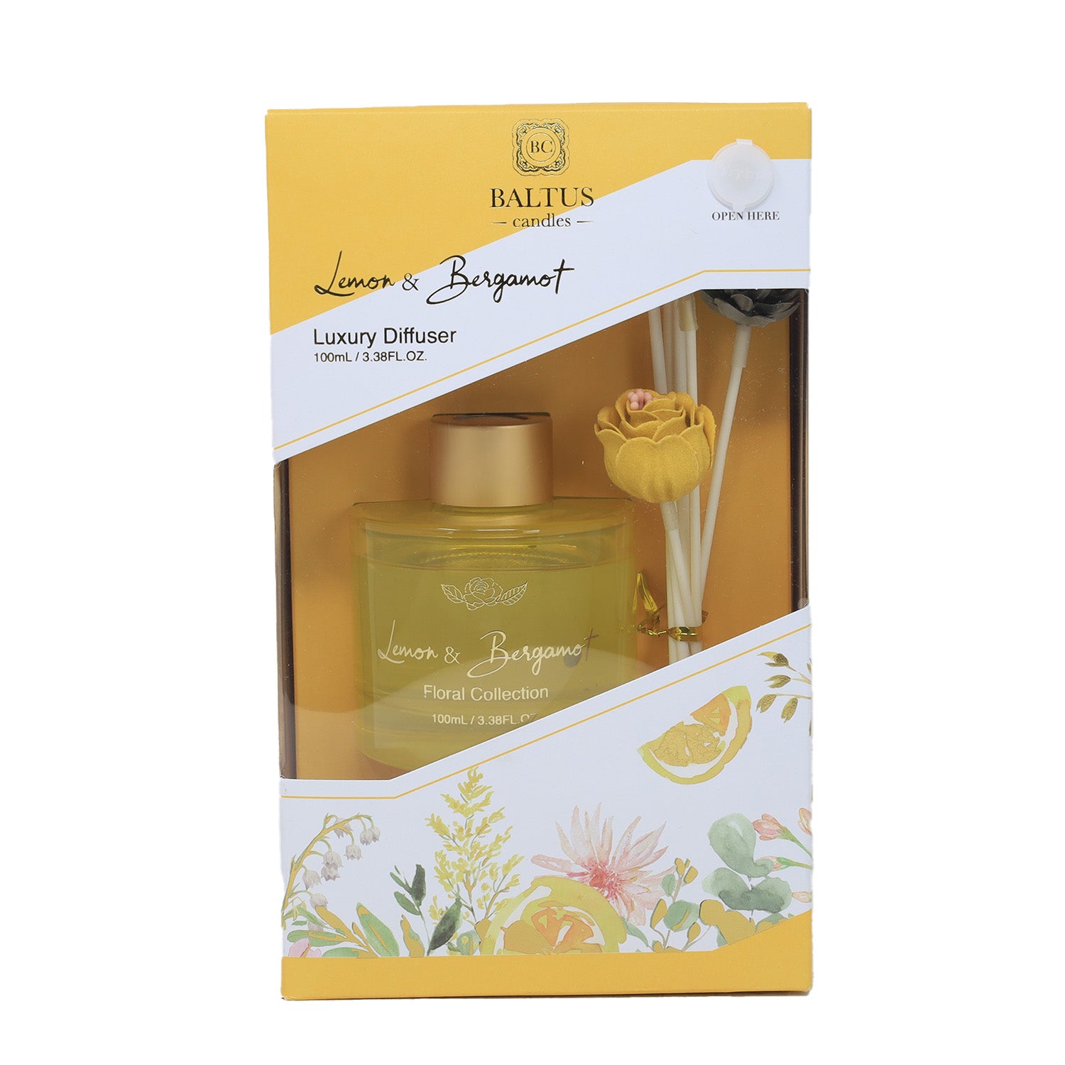 Baltus 100ml Lemon & Bergamot Reed Diffuser With Faux Flower