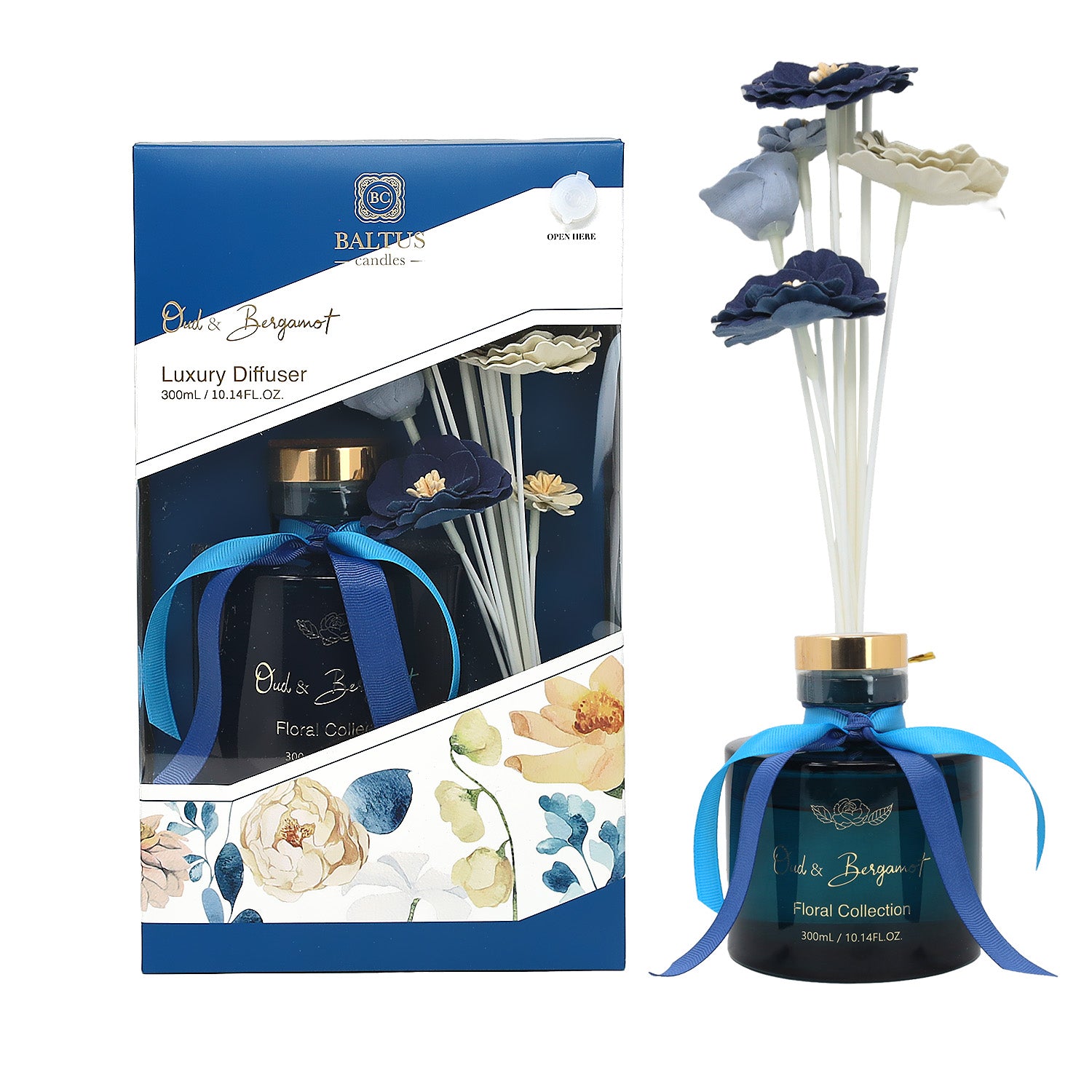 Baltus Reed Diffuser 300ml Sences Oud & Bergamot With Faux Flower