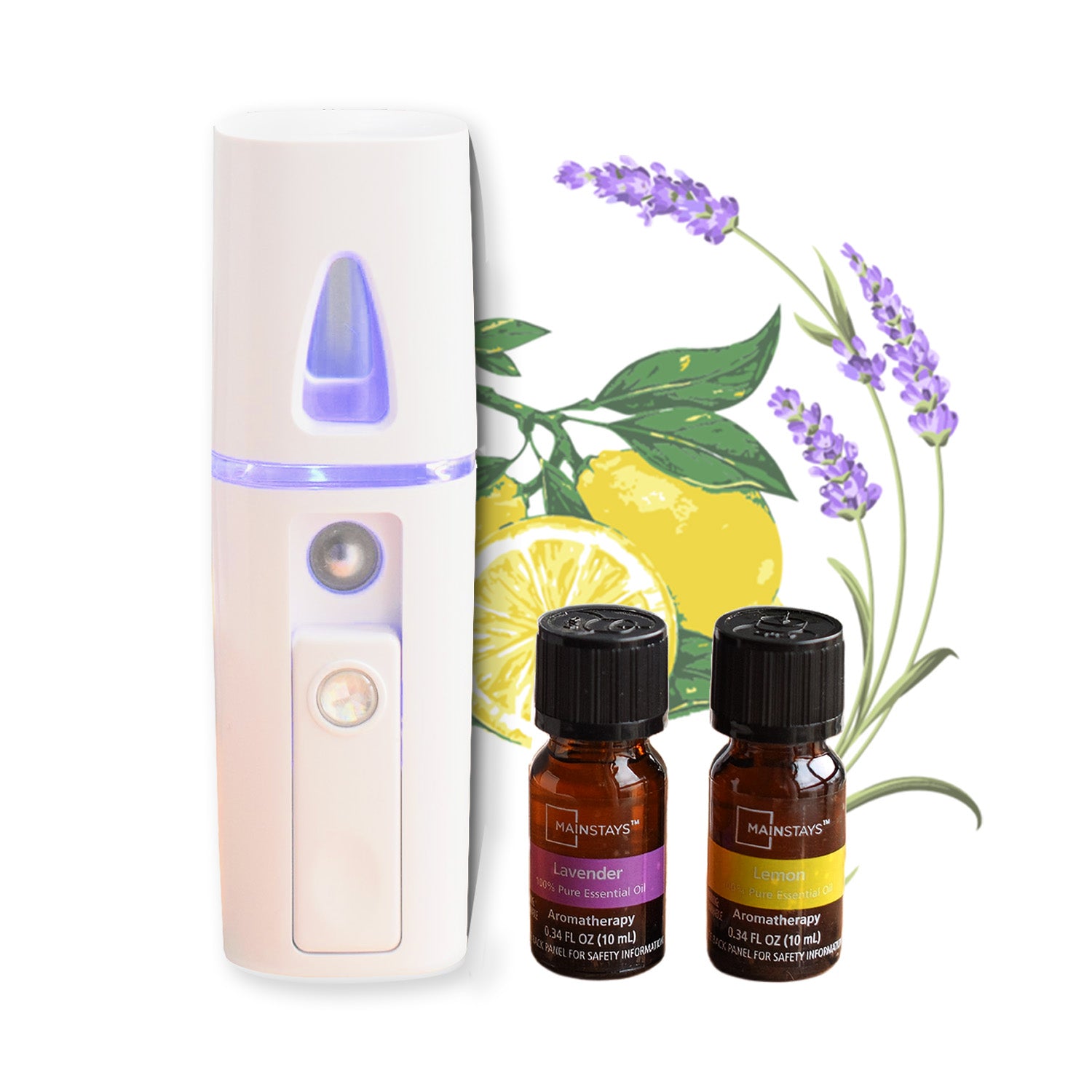 100% Pure Essential Oil Set (Lavender & Lemon 10ml) with Portable Mist Diffuser