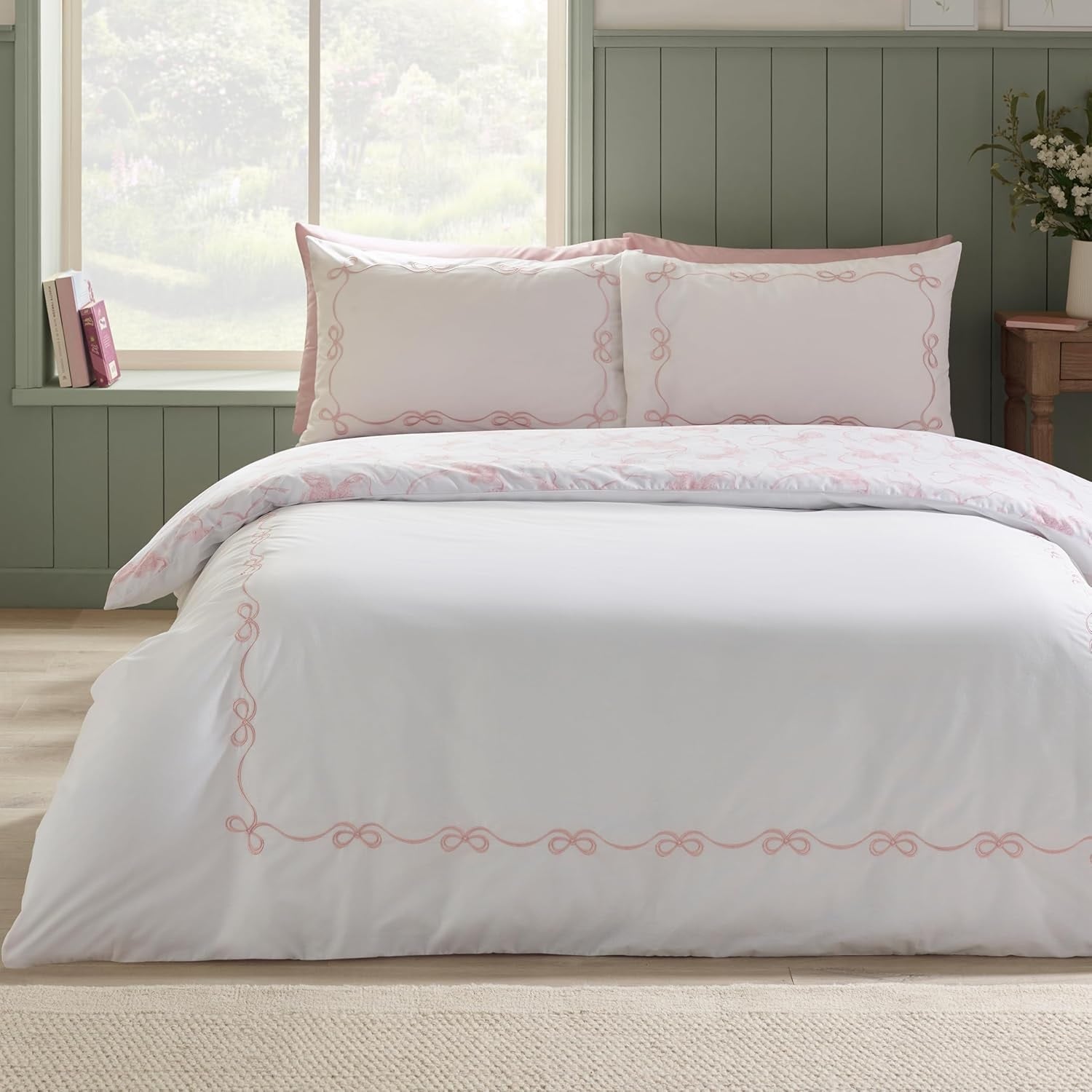 Catherine Lansfield Bow Embroidery Duvet Cover Set, Single, Pink