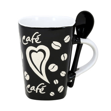 250ml Cafe Design Black Ceramic Mug Spoon on Handle