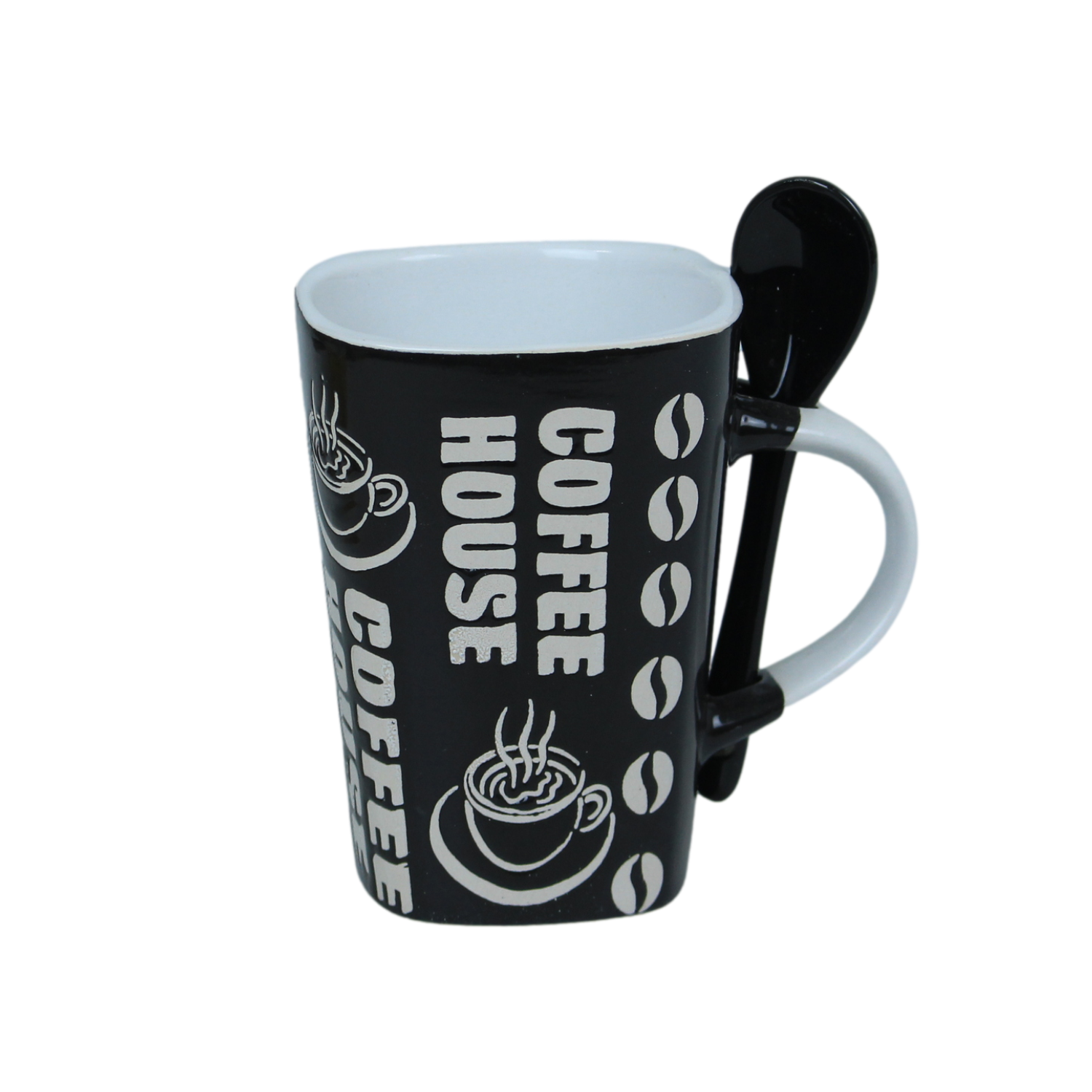 250ml Coffee House Design Black Ceramic Mug Spoon on Handle