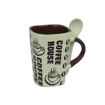 250ml Coffee House Design Cream Ceramic Mug Spoon on Handle