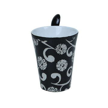 250ml Floral Design Black Ceramic Mug Spoon on Handle